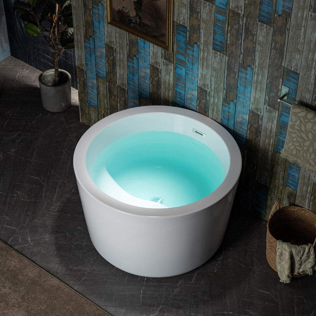 WOODBRIDGE 41' Acrylic Freestanding Round Contemporary Soaking Tub with Pre-molded Seat and Chrome Overflow and Drain Option, White