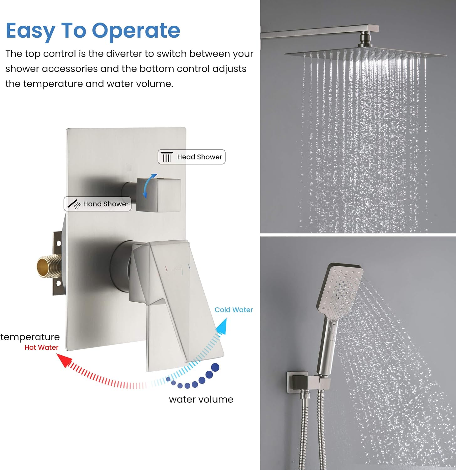 KIBI Cube Bathroom Shower System | 2-Function Wall Mounted Shower Faucet Set with Solid Brass Pressure Balanced Valve | Three Hand Shower Modes | 15-inch Long Shower Arm | Brushed Nickel (KSF405)