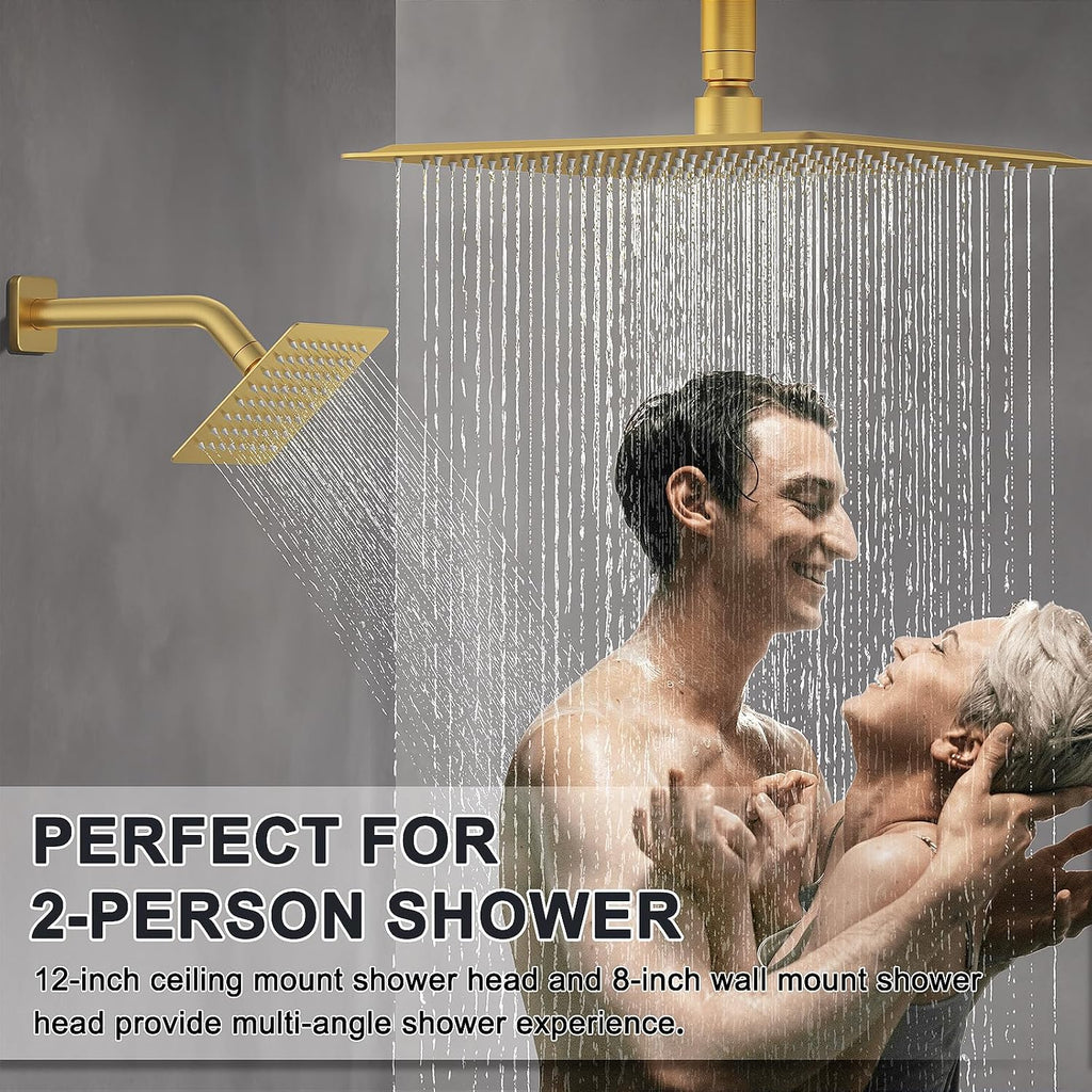 Iriber Thermostatic Shower System with Adjustable Water Flow Push Button Diverter, Square Dual Shower Heads Faucet Set with Handheld Spray, Brushed Gold Shower Mixer Valve Trim Kit (Valve Included)
