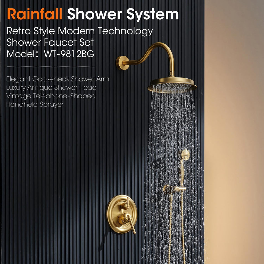Rainfall Shower System Shower Faucet Set with Rain Shower Head and Handheld Spray, 9 inch Wall Mounted Bathroom Antique Luxury Mixer Combo Set with Pressure Balance Valve, Brushed Gold