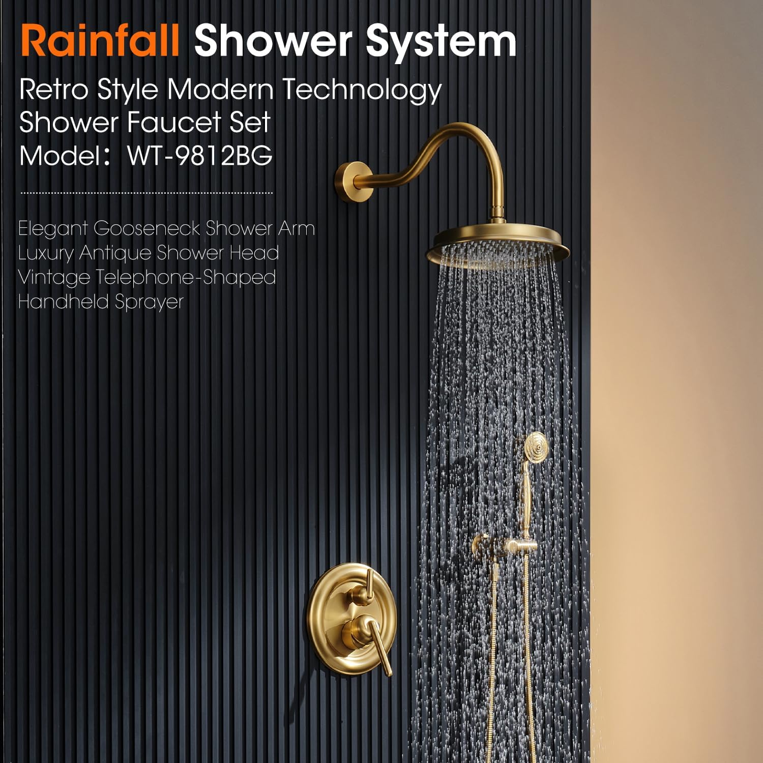 Rainfall Shower System Shower Faucet Set with Rain Shower Head and Handheld Spray, 9 inch Wall Mounted Bathroom Antique Luxury Mixer Combo Set with Pressure Balance Valve, Brushed Gold