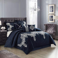 Grand Avenue Navy Damask Patchwork Queen Size Comforter Set, 7 Piece, Chain Stitching Embroidery Ultra Soft, Premium Microfiber, All Season