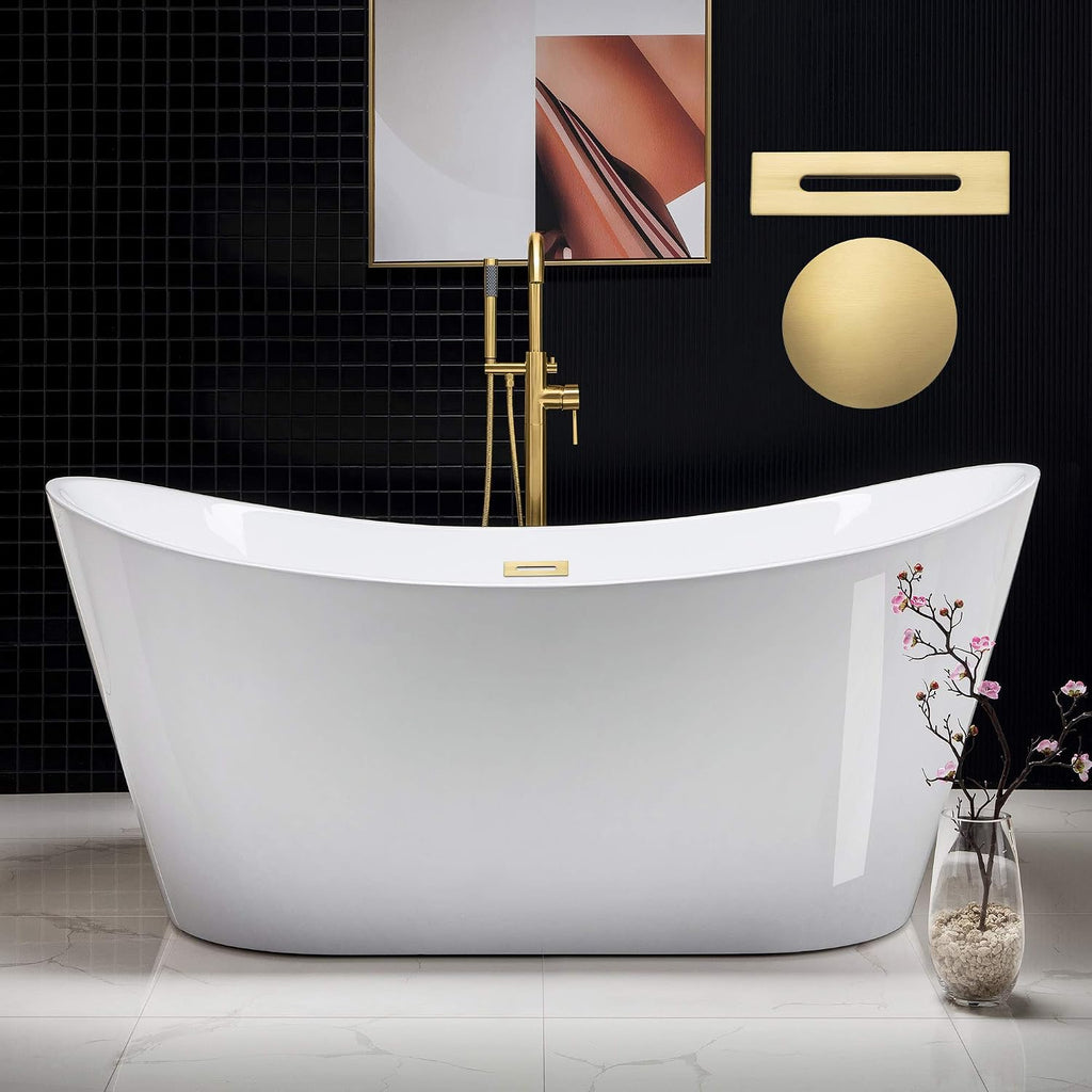 WOODBRIDGE 67' Acrylic Freestanding Bathtub Contemporary Soaking White Tub with Brushed Gold Overflow and Drain，BTA1515-BG-Drain&O