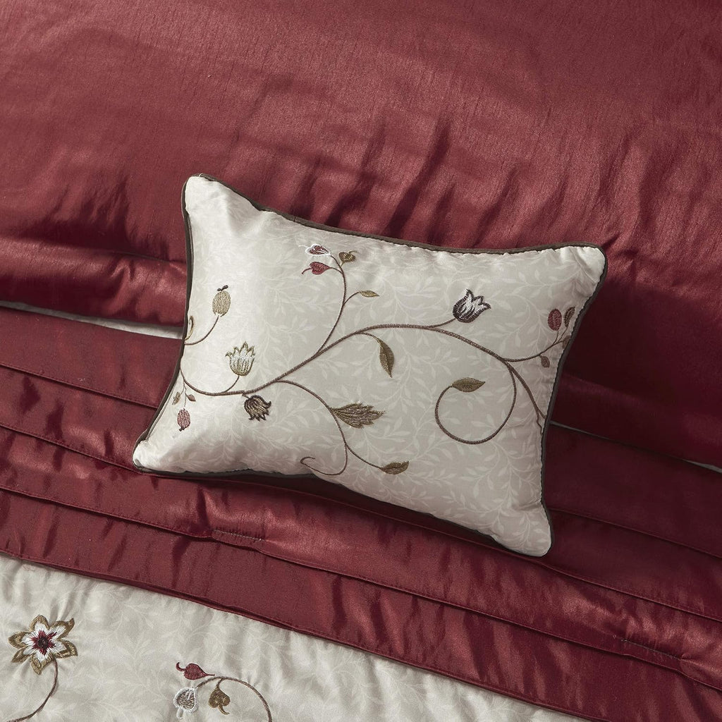 Madison Park Serene Faux Silk Comforter Set - Floral Embroidery Design, All Season Bedding Set, Matching Bed Skirt, Decorative Pillows, Red King(104'x92') 7 Piece