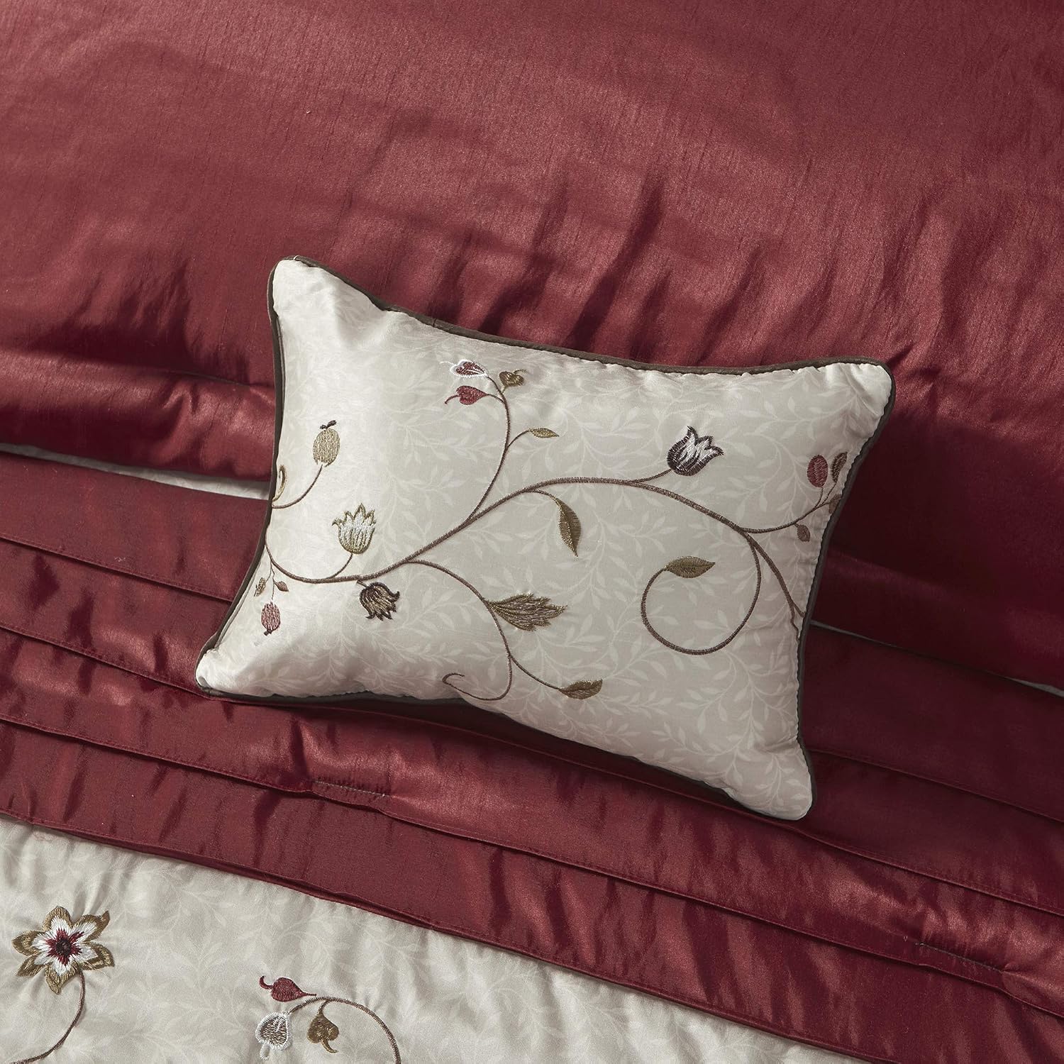 Madison Park Serene Faux Silk Comforter Set - Floral Embroidery Design, All Season Bedding Set, Matching Bed Skirt, Decorative Pillows, Red Cal King(104'x92') 7 Piece