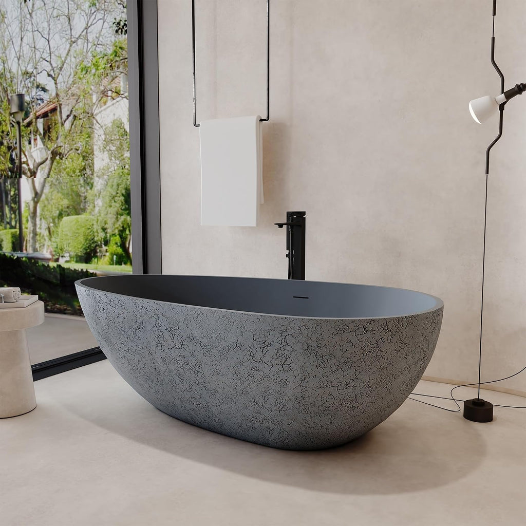 67 Inch Solid Surface Free Standing Tub Oval Stone Resin Soaking Tub Featuring Unique Style of Cement Color, 14.37 Inches Soaking Depth, 75.82 Gallons Water Capacity