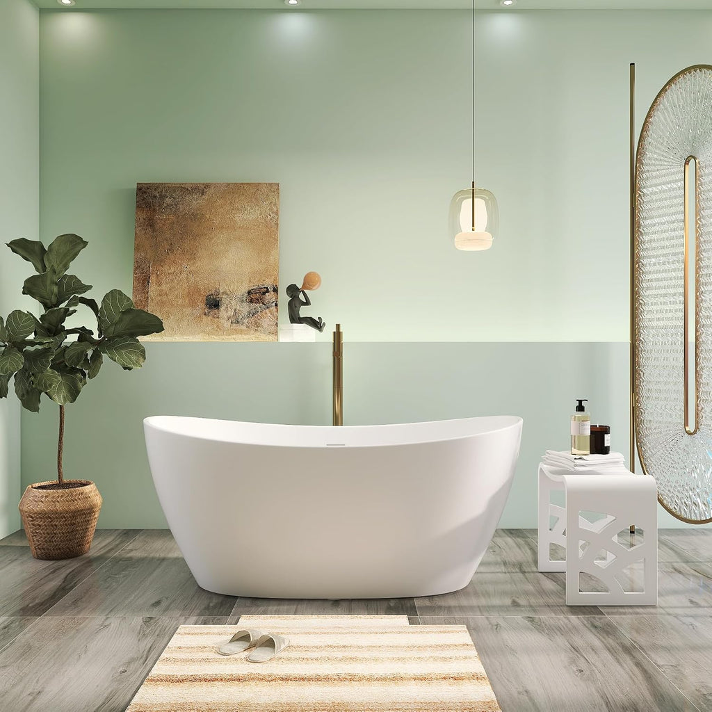 55' Premium Solid Surface Freestanding Bathtubs, Contemporary Design Stand Alone Stone Resin Tub with Overflow and Pop-up Drain, Matte White