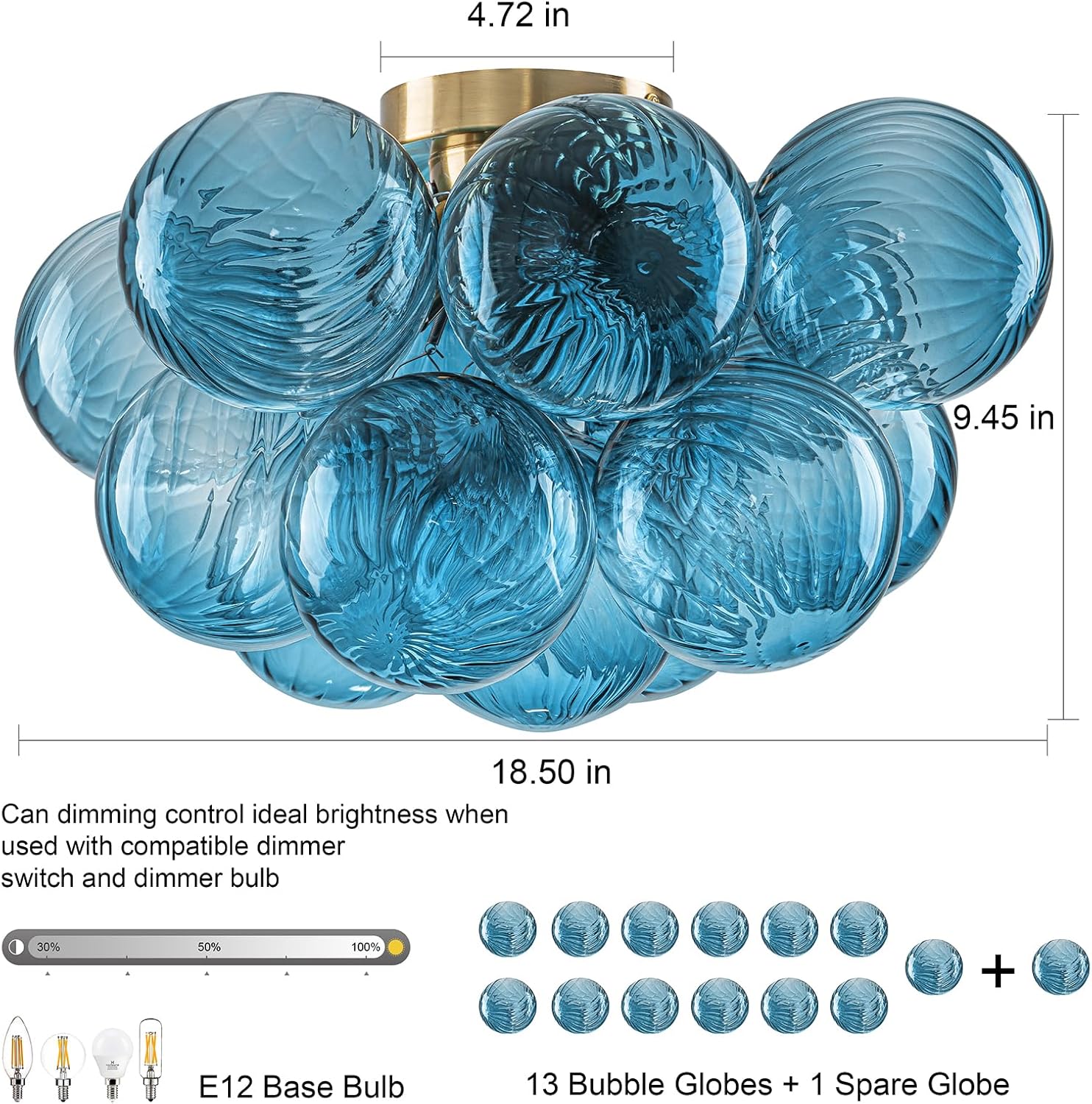 GoYeel Flush Mount Chandelier Gold, Kitchen Lights Ceiling Modern Glass Bubble Light Chandeliers 18.5' with 13 Swirled Blue Globe for Dining Room Bathroom Entryway Bedroom