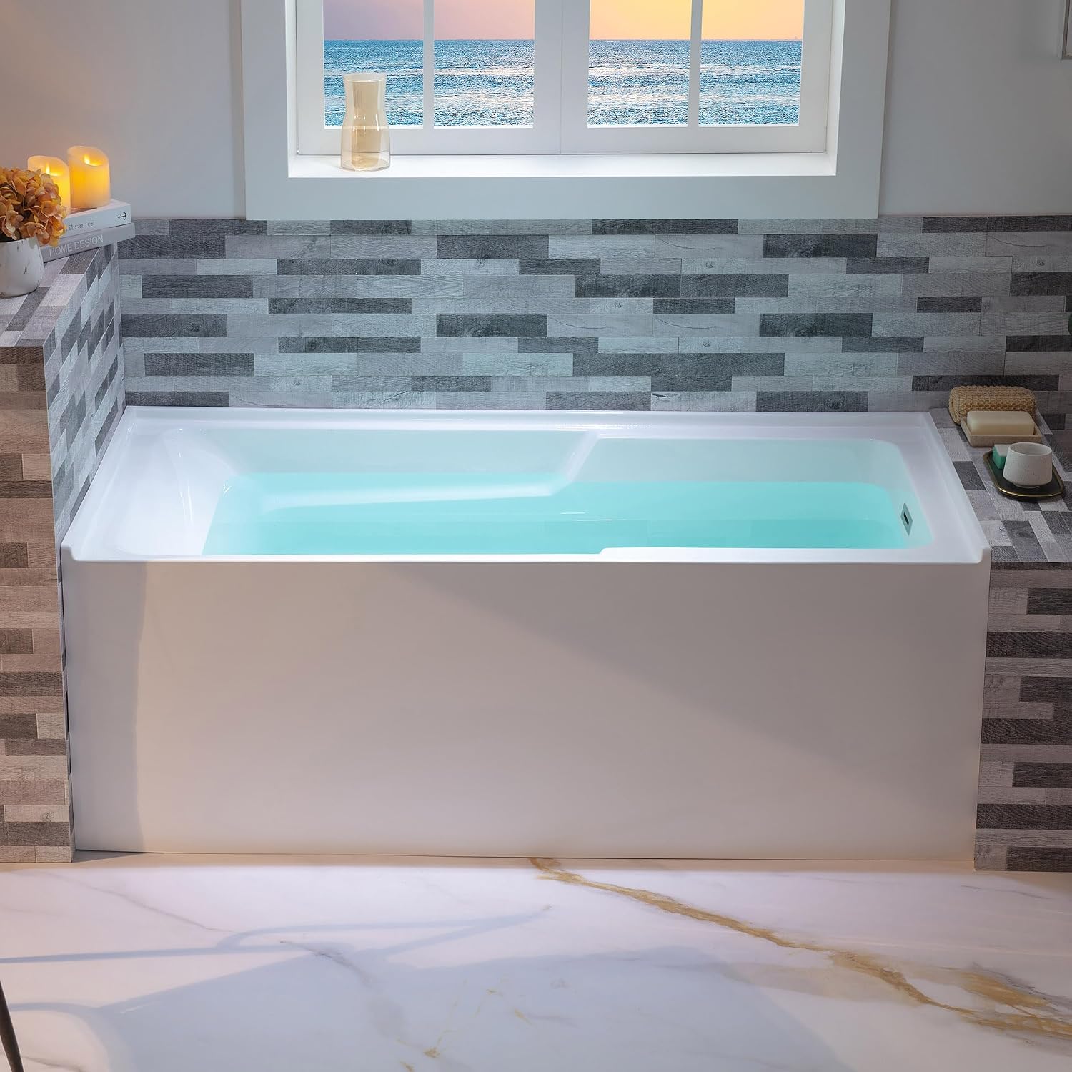 WOODBRIDGE 60' Acrylic Rectangular Alcove Soaking Bathtub in White with Right Drain, Brushed Nickel Pop-Up Drain Included BA6030R