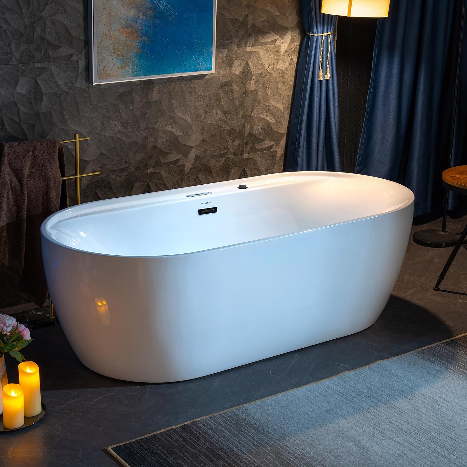 WOODBRIDGE 72' x 35-3/8' Whirlpool and Air Bath Heated Soaking Combination Tub with Adjustable Speed Air Blower and Display Control Panel, Matte Black Finish Trim and Drain Kit,BM-500