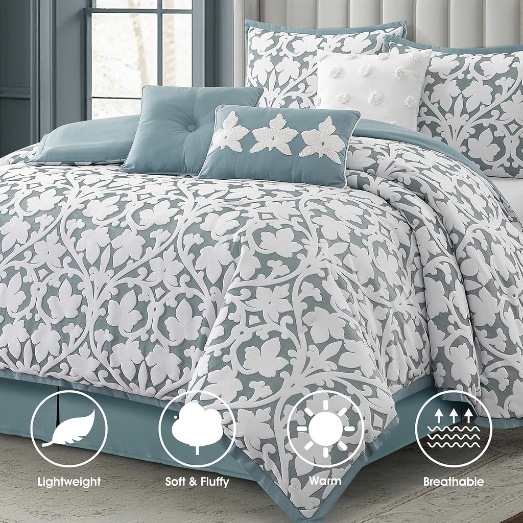 LANCO MODERN LIFESTYLE 7 Pieces Comforter Set, Queen, Blue, Jacquard Floral Pattern and Classy Damask Medallion Design, Ultra Soft, Includes Bed Skirt, Shams, and Decorative Pillows