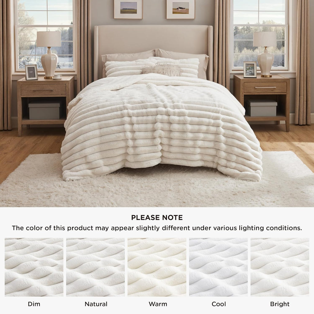Bedsure Faux Fur Queen Comforter Set - Coconut White Fluffy Comforter Queen Size, Soft and Cozy Shaggy Bedding Comforter Sets, Winter Warm Luxury Fuzzy Bed Set, 1 Comforter and 2 Pillowcases