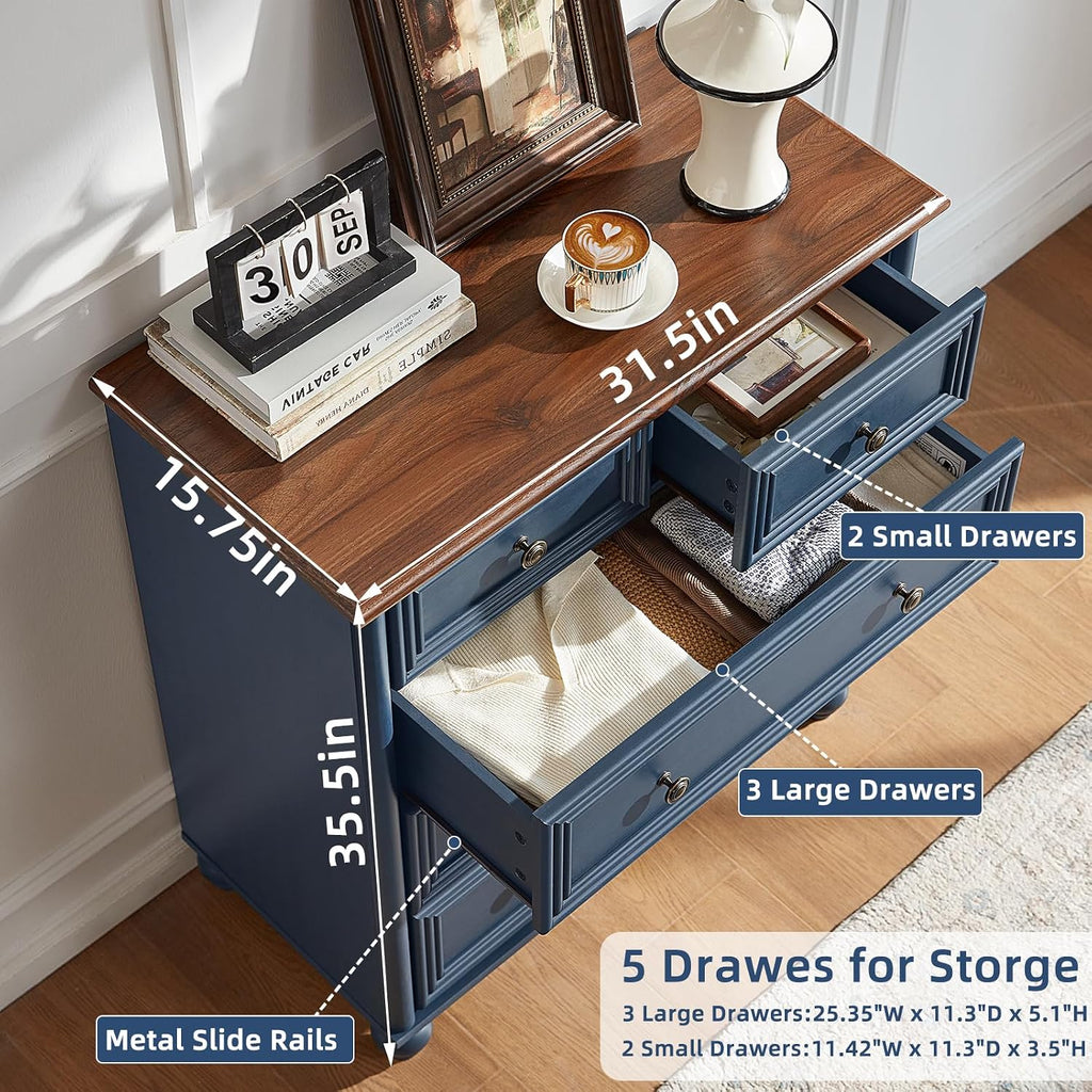 RWYHG Farmhouse 5 Drawer Dresser for Bedroom Set of 2, 35.5' Tall Small Dressers & Chest of Drawers, Rustic Wood Dresser with Roman Column, Storage Organizer for Living Room, Hallway, Closet (Blue)