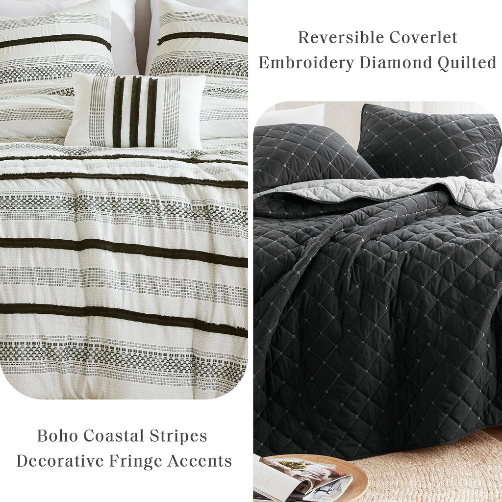 Madison Park King Comforter Set and Quilt Set, Boho Comforter for King Size Bed with Diamond Quilted Coverlet Set, All Season King Size Bedding, Matching Shams, Carolina, King/Cal King Black 7 Piece