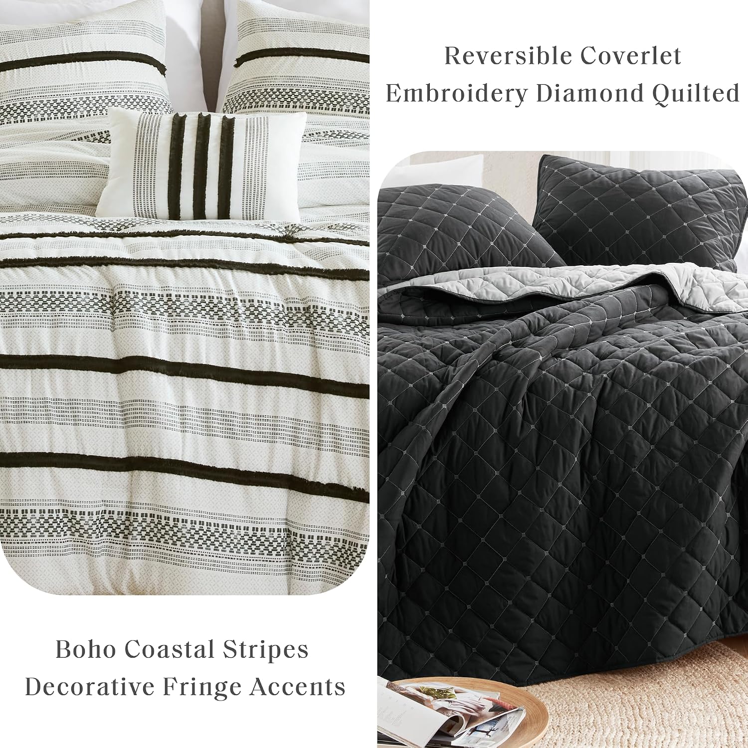 Madison Park King Comforter Set and Quilt Set, Boho Comforter for King Size Bed with Diamond Quilted Coverlet Set, All Season King Size Bedding, Matching Shams, Carolina, King/Cal King Black 7 Piece