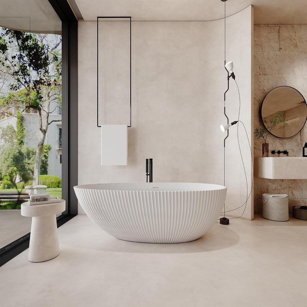 67 Inch Egg-Shape Solid Surface Free Standing Tub Matte White Stone Resin Soaking Tub Featuring 14.37 Inches Soaking Depth, 78 Gallons Water Capacity