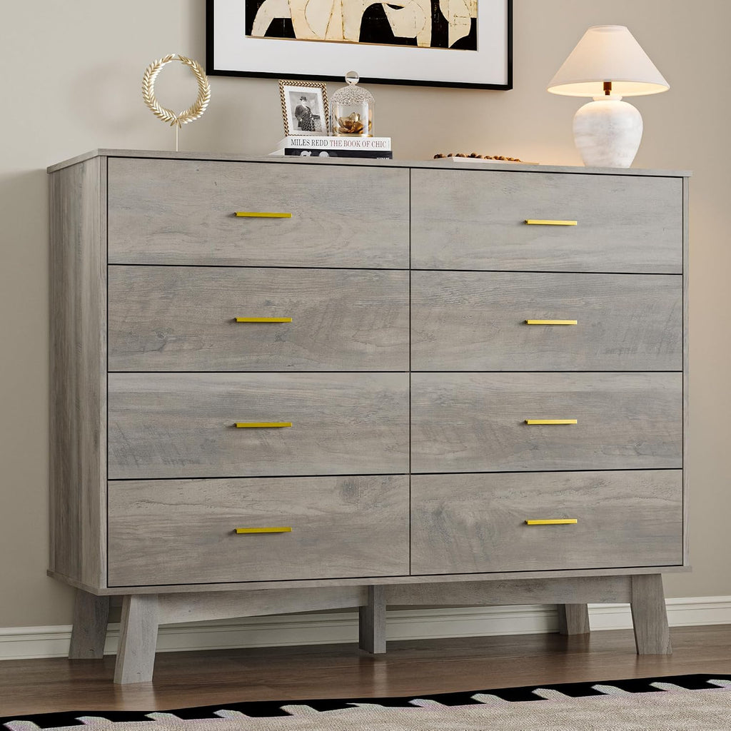 BORNOON Dresser for Bedroom with 8-Drawer, 37' Tall Modern Chest of Drawers with Metal Handles, X-Shape Base & Adjustable Center Leg, Anti-Tip Closet Organizers and Storage
