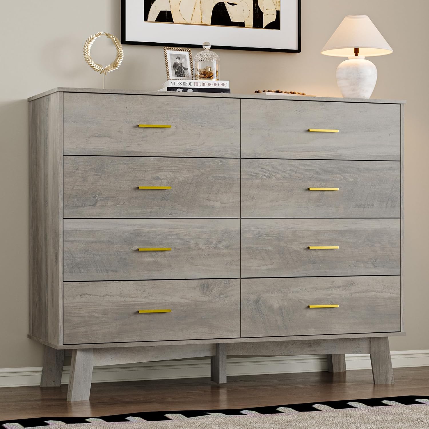 BORNOON Dresser for Bedroom with 8-Drawer, 37' Tall Modern Chest of Drawers with Metal Handles, X-Shape Base & Adjustable Center Leg, Anti-Tip Closet Organizers and Storage