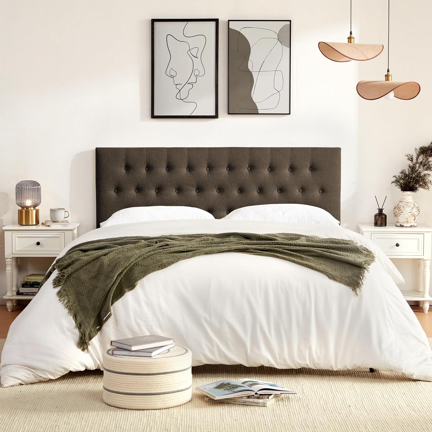 Huatean Home Tufted Upholstered Headboard Queen Size, Solid Wood Head Board with Durable Metal Legs, Adjustable Height Bed headboard from 37' to 51' Fabric Headboard in Button Design, Chocolate