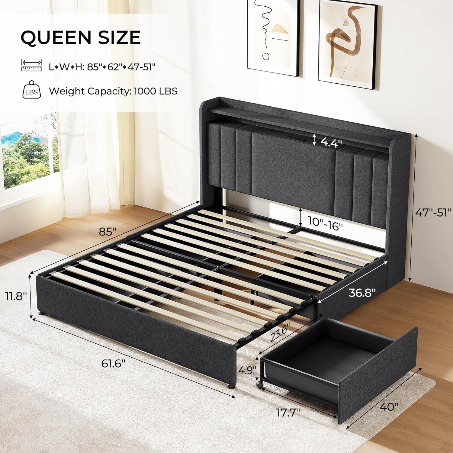 Koorlian Queen Size Upholstered Bed Frame with 2-tier Storage Headboard and 4 Dustproof Drawers, 51'' Tall LED Platform Bed Frames with Adjustable Headboard, USB/Type-C Charging and Side Storage, Grey