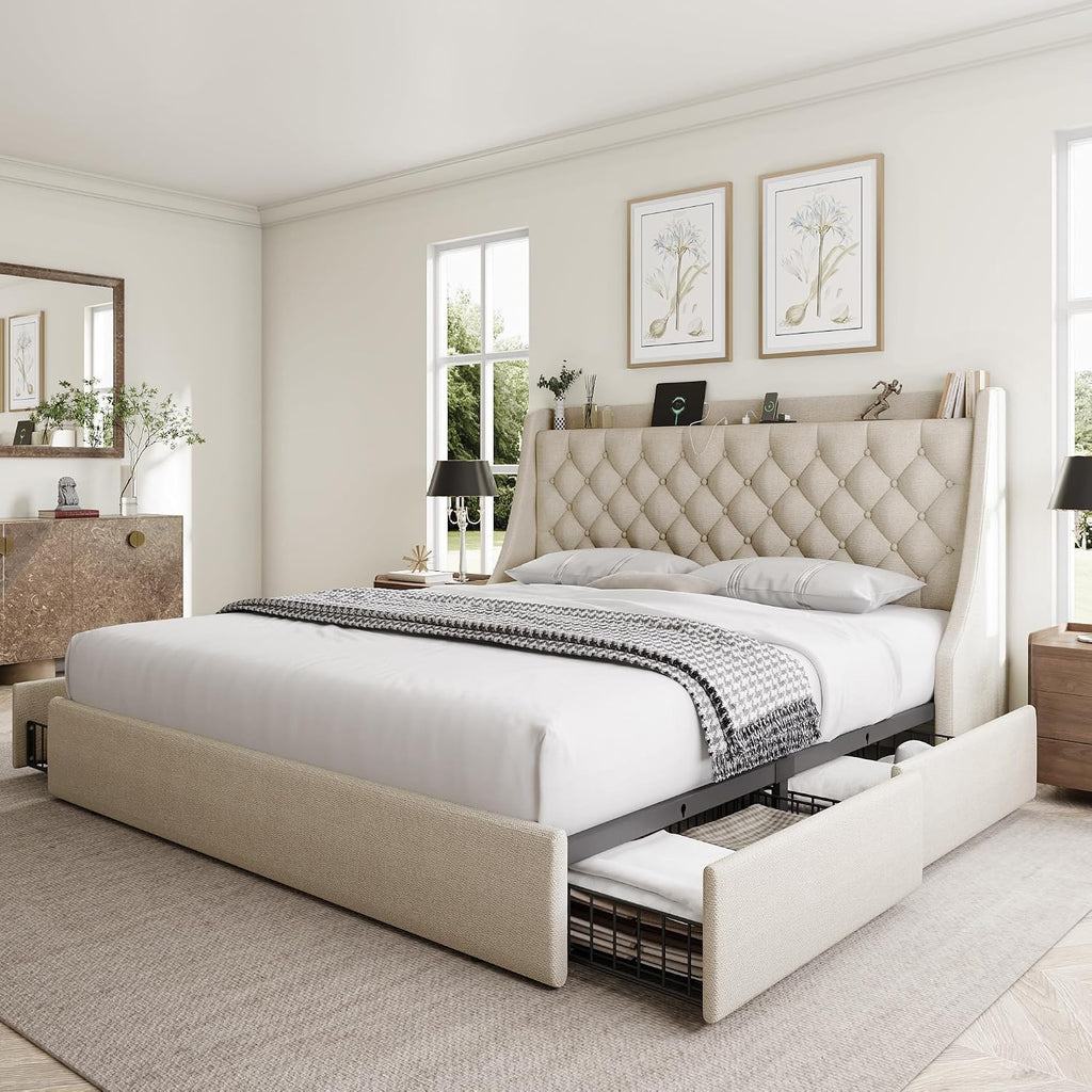 GalnFu King Size Bed Frame with 4 Storage Drawers, Giant Upholstered Wingback Headboard, Fast Charging Station, No Box Spring Needed, Noise-Free, Beige