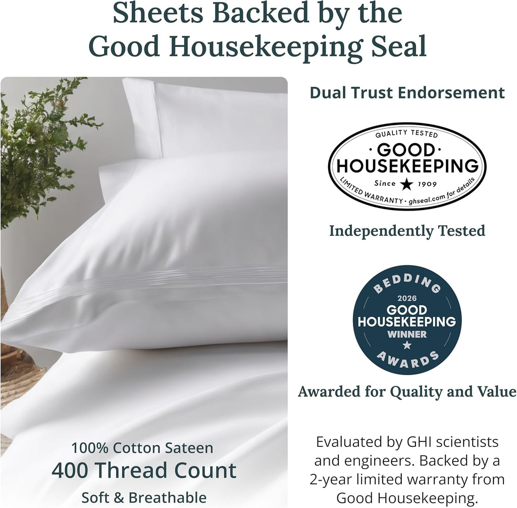 California Design Den Pack of 2 Cal King Bedsheet Set - 400 Thread Count Sateen 100% Cotton Sheets - Soft and Breathable Sheets, 2 Sets of Deep Pocket Bed Sheets - White