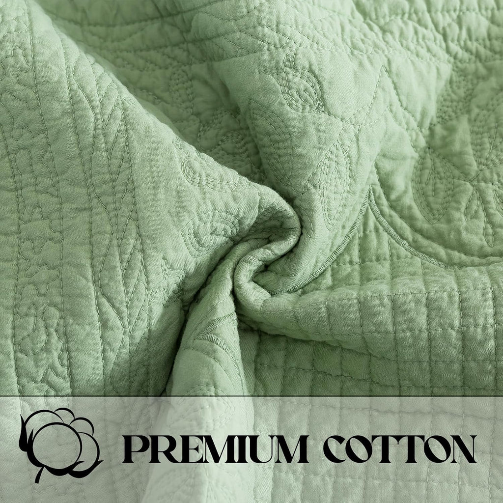 Brandream Queen Size Quilt Set Cotton Sage Green Quilts Cottage Core Bedding Matelasse Coverlet Set 3-Piece