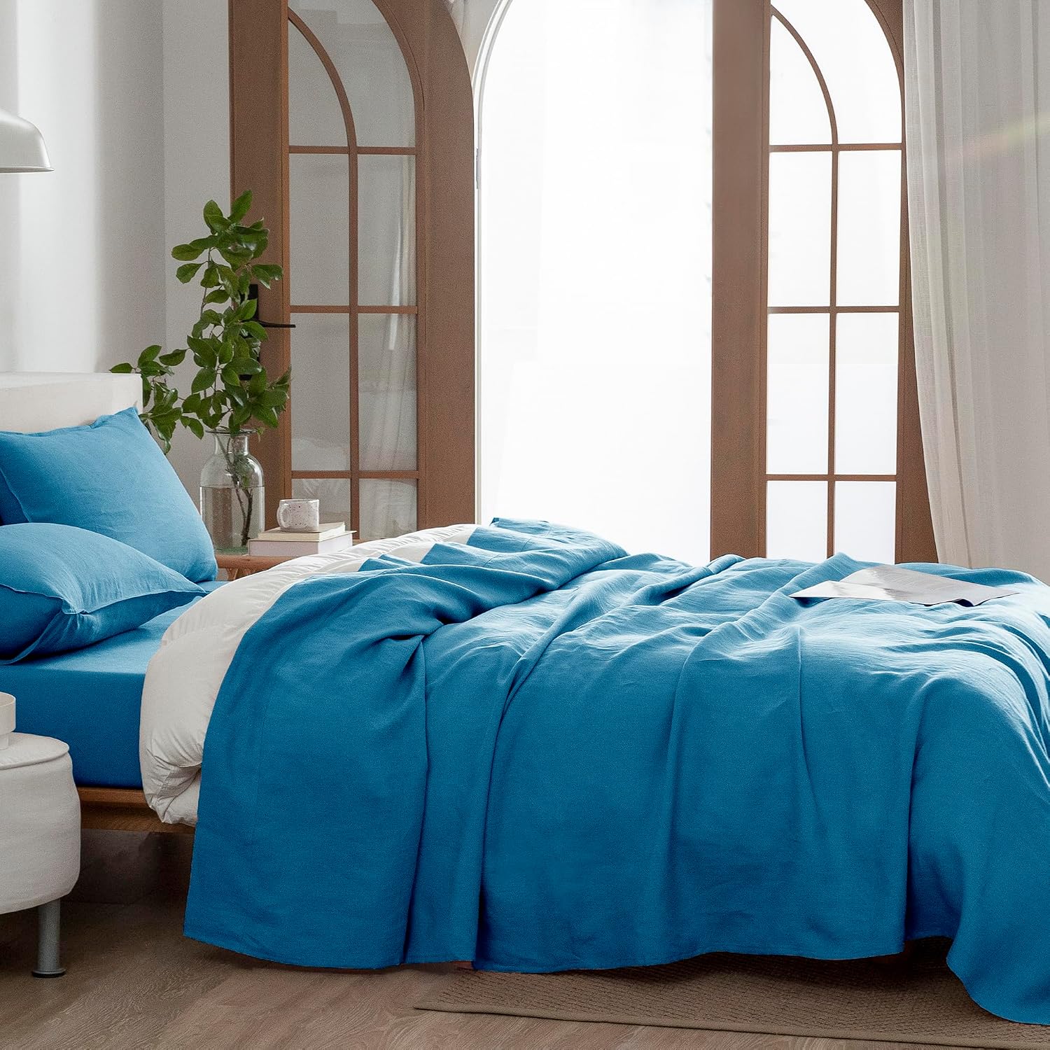 EVERLY Linen Twin Sheets Set, 100% Stonewashed French Linen Bed Sheets Deep Pocket Sheets, 3 Pieces (1 Flat Sheet, 1 Fitted Sheet, 1 Pillowcase) Natural Flax Bedding Set-Blue