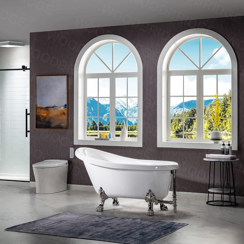 WOODBRIDGE 54' Heavy Duty Acrylic Slipper Clawfoot Bath Tub with Brushed Nickel Feet & Brushed Nickel Drain &Overflow