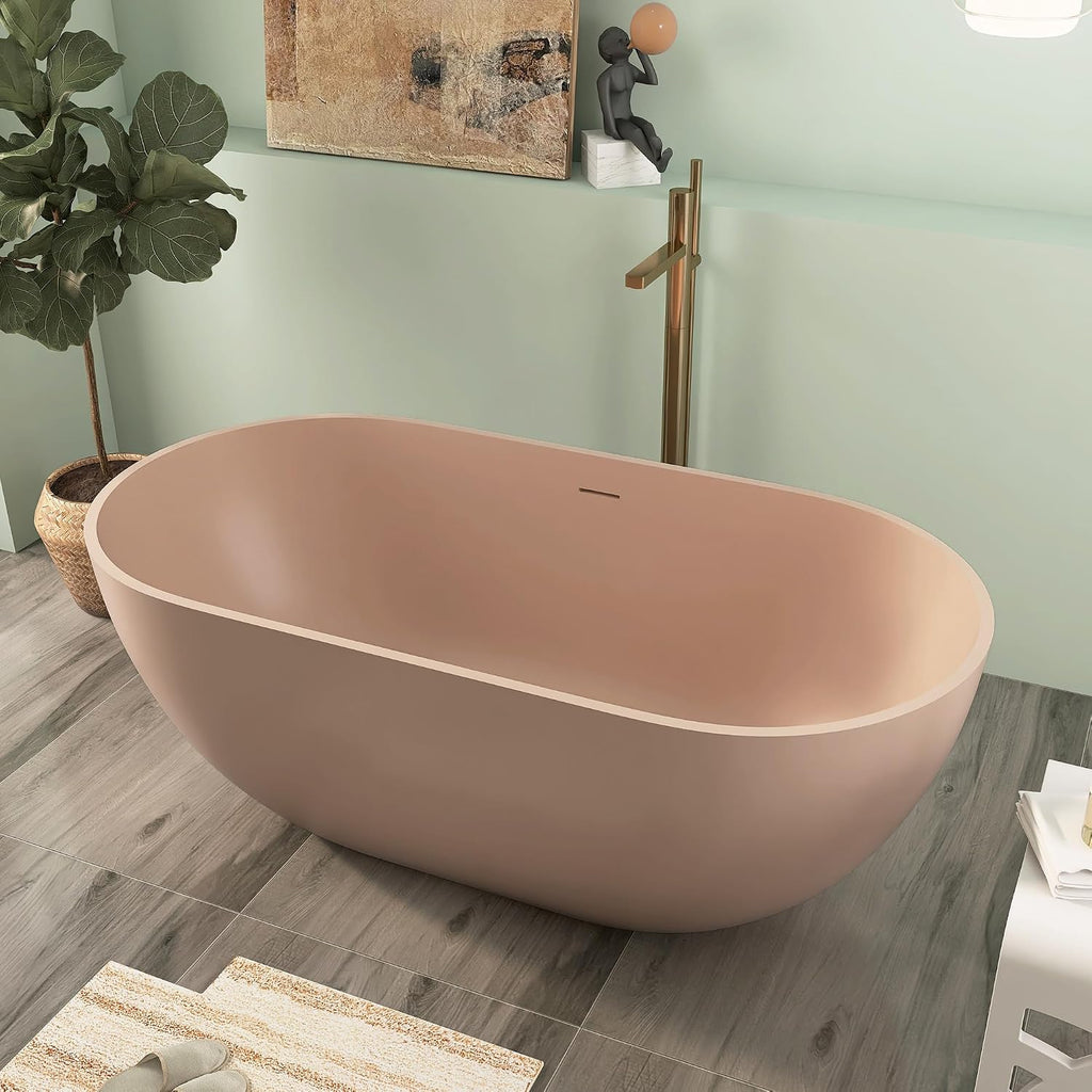 Premium 59' Pink-Sandstone Solid Surface Free Standing Tub, Upgraded Oval Resin Stone Bathtub with Overflow and Pop-up Drain