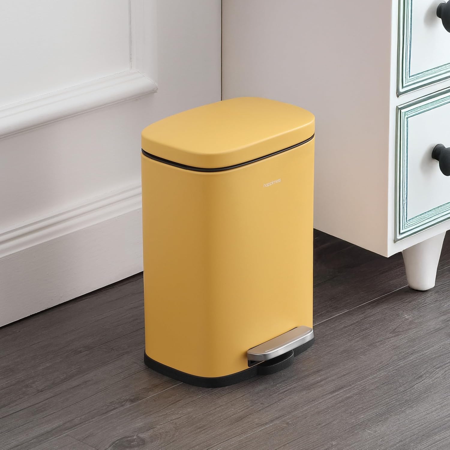 happimess HPM1006L Connor Rectangular 13-Gallon Trash Can with Soft-Close Lid and Free Mini Trash Can, Fingerprint Resistant, Modern, Minimalistic for Home, Kitchen, Office, Bathroom, Daffodil Yellow