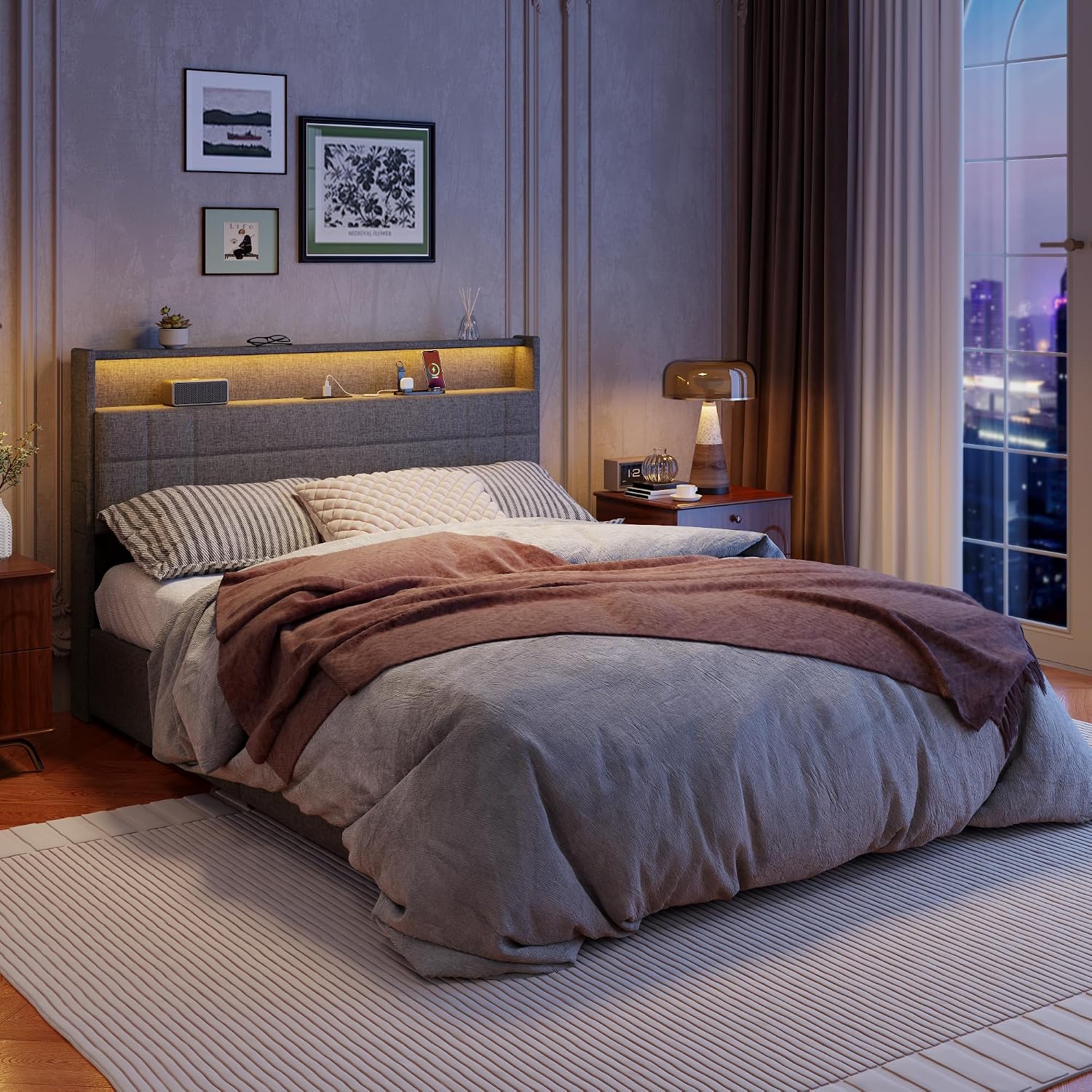 Forestell Full Size Bed Frame with 4 Drawers and Storage Headboard, Grey Upholstered Platform Bed Frame Full Size with Charging Station and LED Lights, Metal Slats Support, No Box Spring Needed