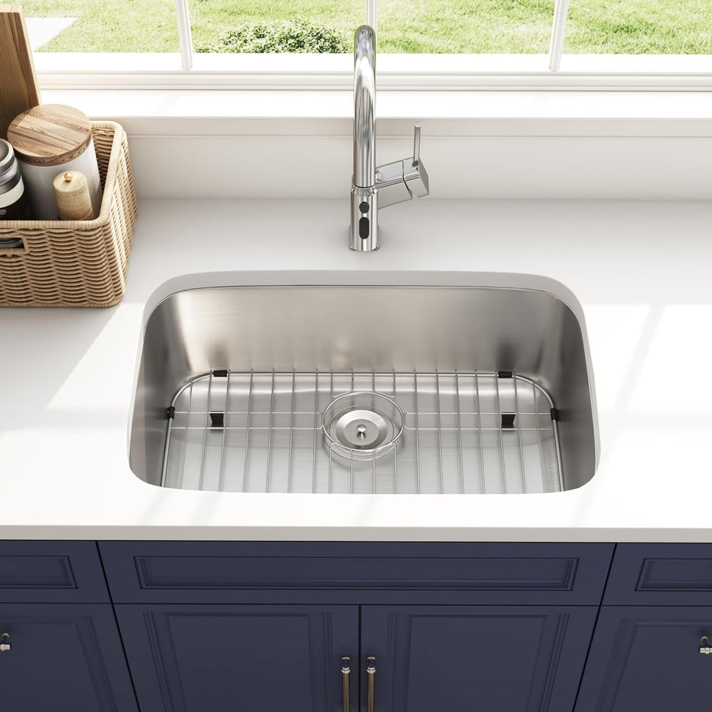 30 Inch Undermount Kitchen Sink 18 Gauge Stainless Steel Spacious Single Bowl Curved Shape Round Corner Deep Sinks with Basket Strainer and Bottom Grid 30' x 18' x 9'