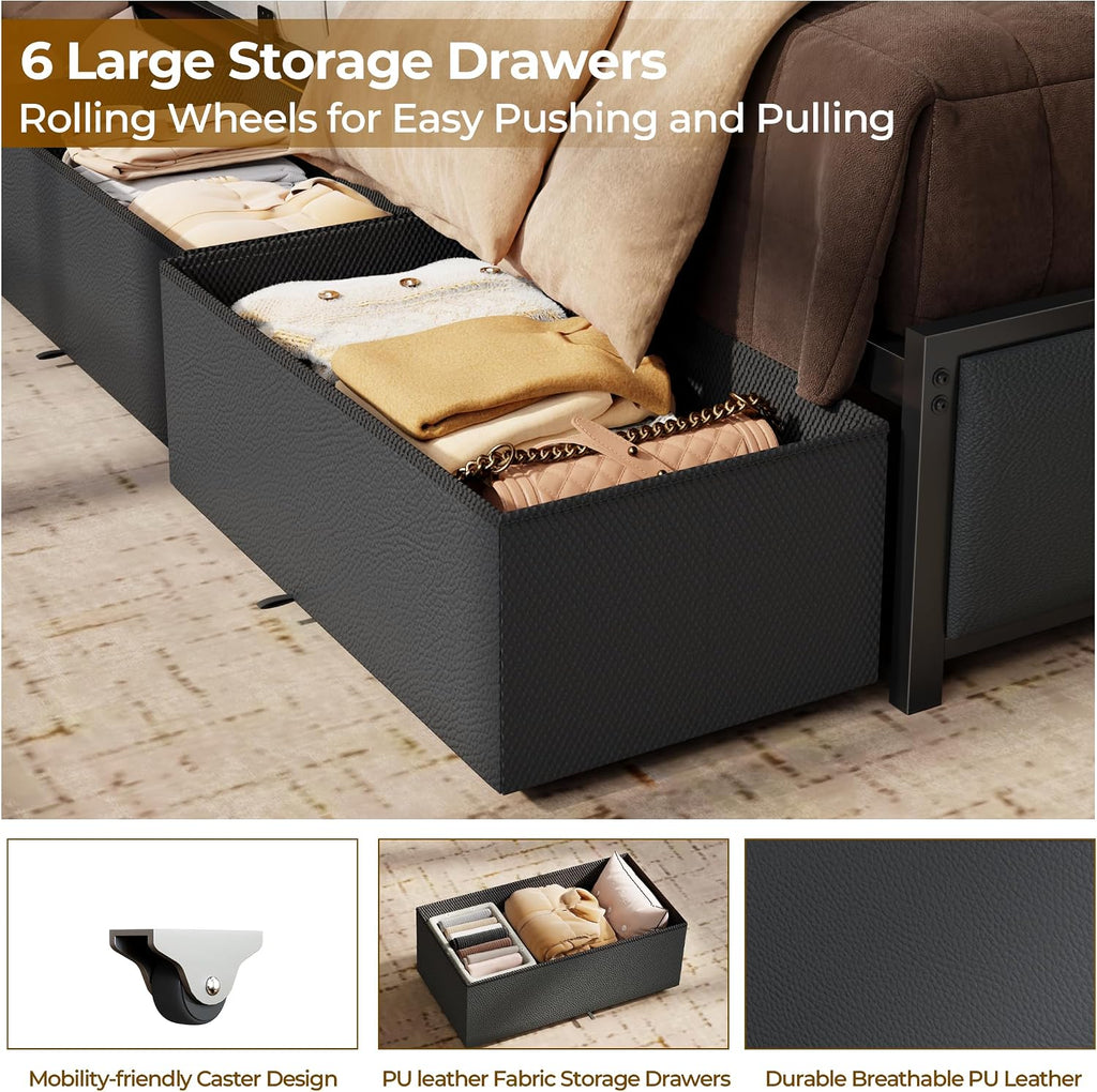 Forestell Full Size Bed Frame with Headboard 2-Tier Storage, PU Leather Upholstered Platform Bed Frame Full with 6 Storage Drawers, Charging Station and LED Lights, No Box Spring Needed, Noise Free