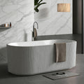 Acrylic Freestanding Bathtub, Deep Soaking Stripe Tub with Drain, Solid Surface Stand Alone Bath, Contemporary Indoor Bathroom Spa Tub for Adults, Large Foot Soak, White