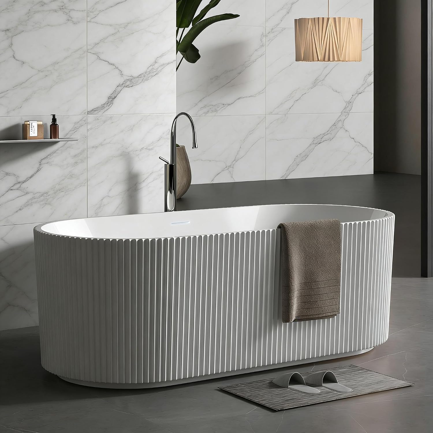 Acrylic Freestanding Bathtub, Deep Soaking Stripe Tub with Drain, Solid Surface Stand Alone Bath, Contemporary Indoor Bathroom Spa Tub for Adults, Large Foot Soak, White