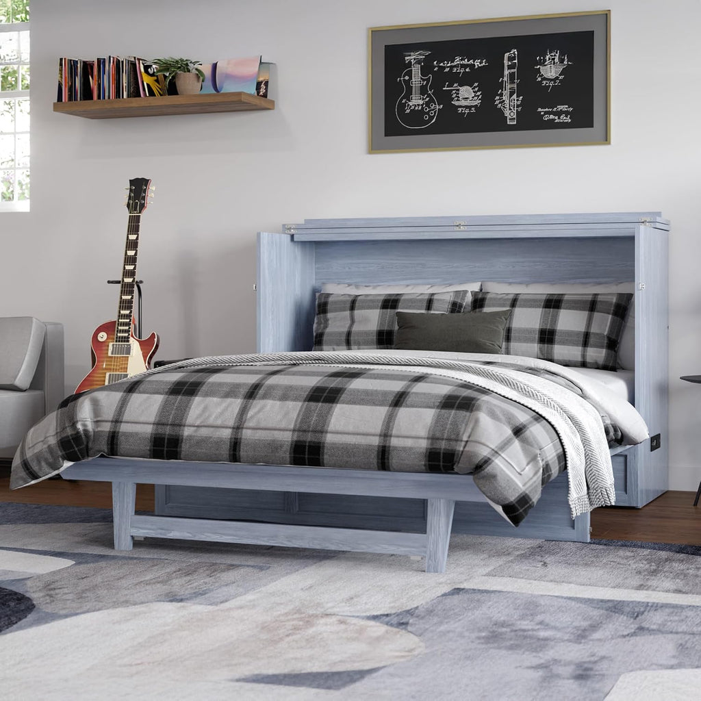 AFI, Northfield Murphy Bed Chest Queen with 6' Mattress, Storage Drawer & Built-in USB Charger, Driftwood