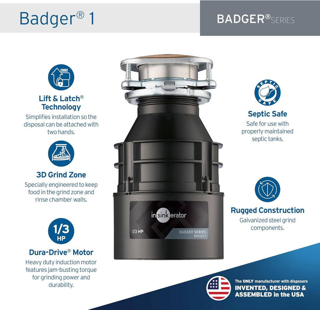 InSinkErator Badger 1 Garbage Disposal, Badger Series 1/3 HP Continuous Feed Food Waste Disposer