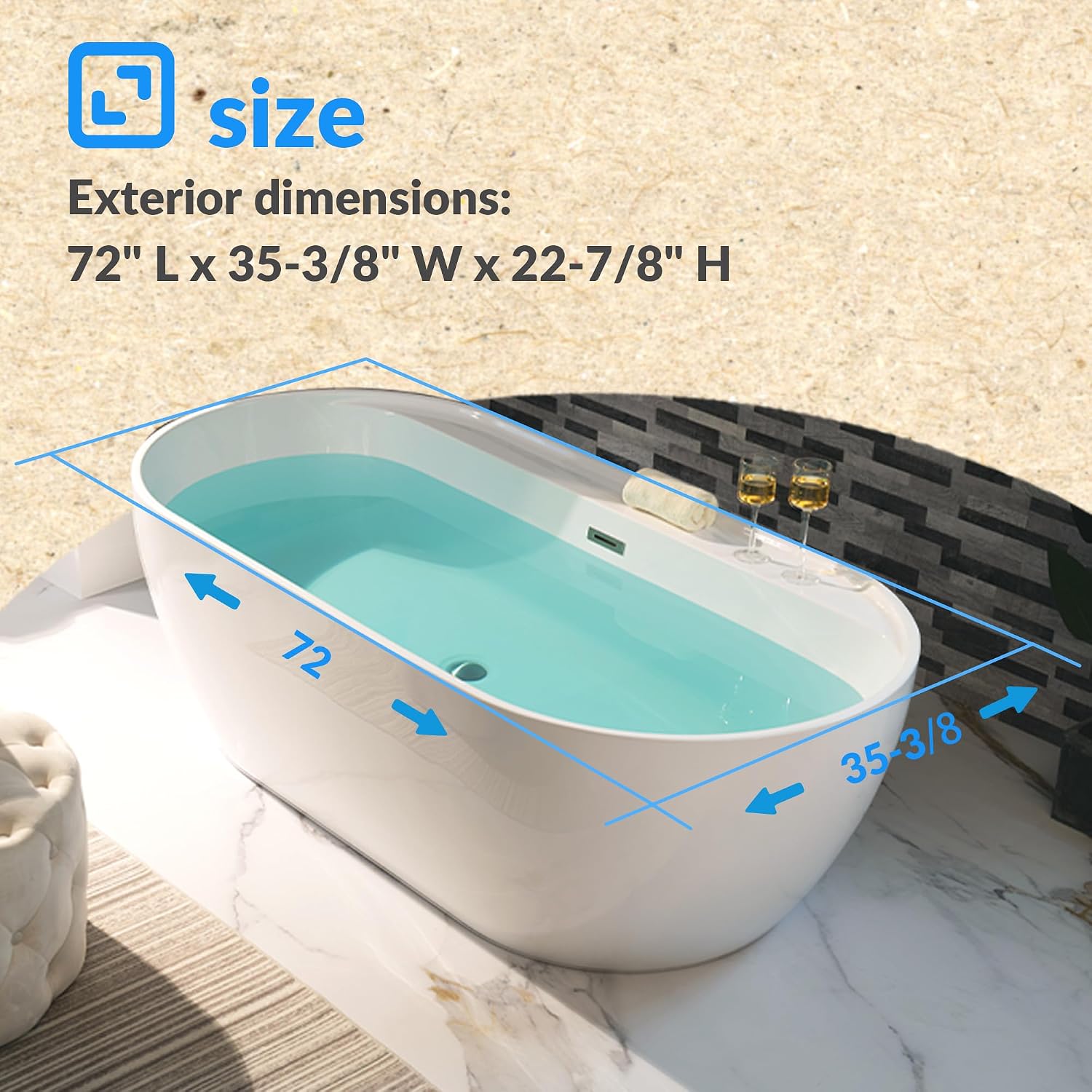 WOODBRIDGE 72' Acrylic Freestanding Bathtub Contemporary Soaking White Tub with Brushed Nickel Overflow and Drain,B0059BN