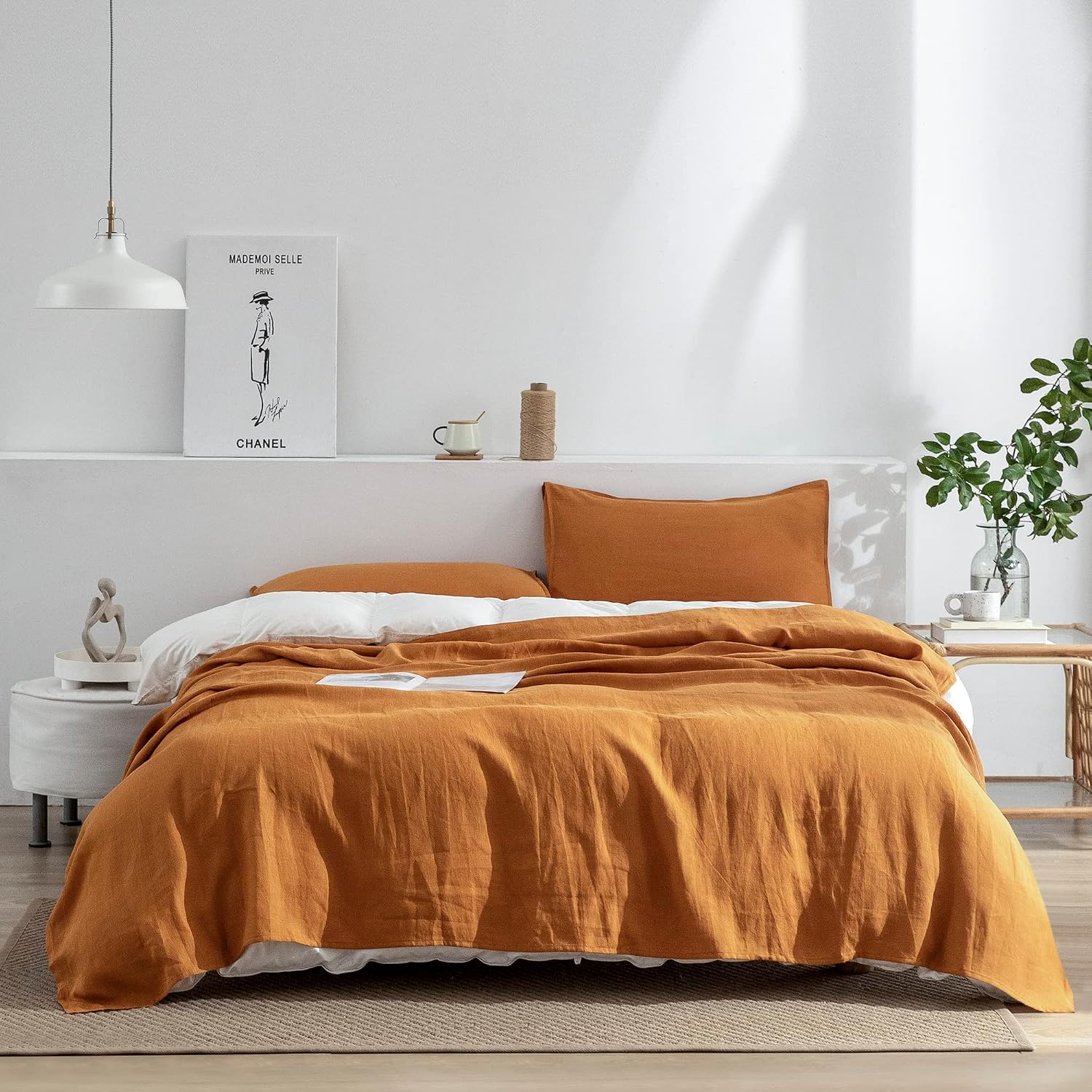 EVERLY Linen Sheets Set Queen Size,100% French Stonewash Pure Linen Sheets Set,4Pieces (1Flat Sheet,1Fitted Sheet,2Pillowcase) Suitable for Hot Sleepers,Deep Pocket Natural Bedding Set-Caramel-Queen