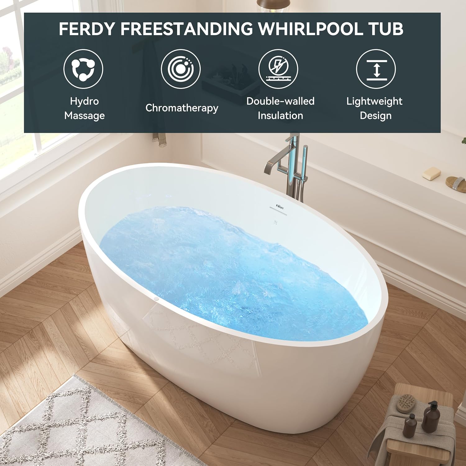 FerdY Tahiti 55 Inch Acrylic Freestanding Whirlpool Bathtub, Oval with 8 Air Water SPA Jets, Morden White Stand Alone Jetted Tub, Luxury Acrylic Free Stand Deep Soaking Bath Tub with LED Light