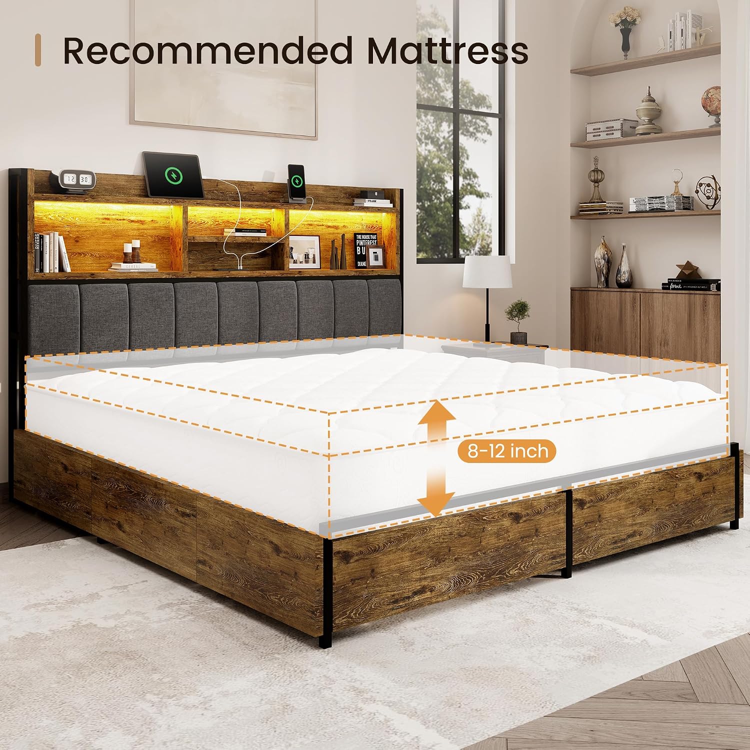 BRELTAM Queen Bed Frame with 6 Storage Drawers, Linen Upholstered Headboard, Built-in USB Charging Station & LED Lighting, Silent Metal Support, No Box Spring Needed, Vintage Brown