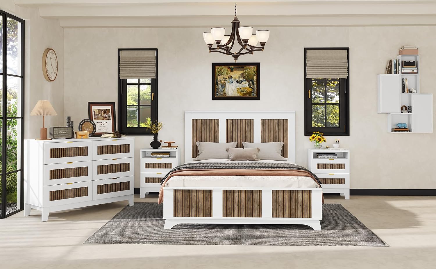 Harper & Bright Designs 4-Pieces Bedroom Sets, Queen Size Platform Bed with 2 Nightstands and A 6-Drawer Dresser, Queen Size Bedroom Set with Wooden Strip Decoration, White