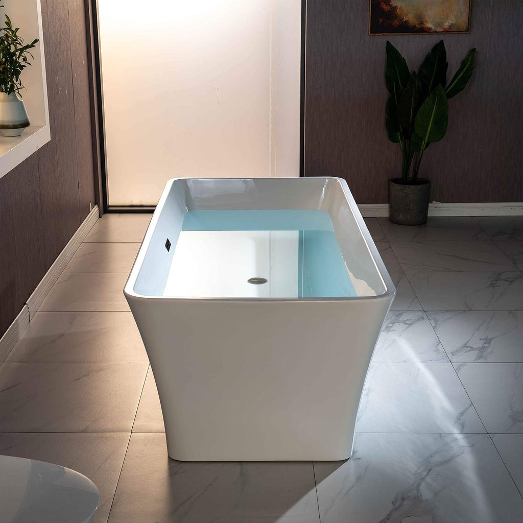 WOODBRIDGE 59' Acrylic Freestanding Bathtub Contemporary Soaking White Tub with Matte Black Overflow and Drain，BTA1509 -MB-Drain &O
