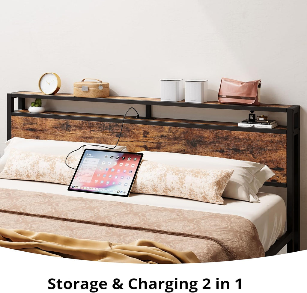 LIKIMIO California King Bed Frame with Storage Headboard, Platform Bed with Drawers and Charging Station, No Box Spring Needed, Easy Assembly, Vintage Brown