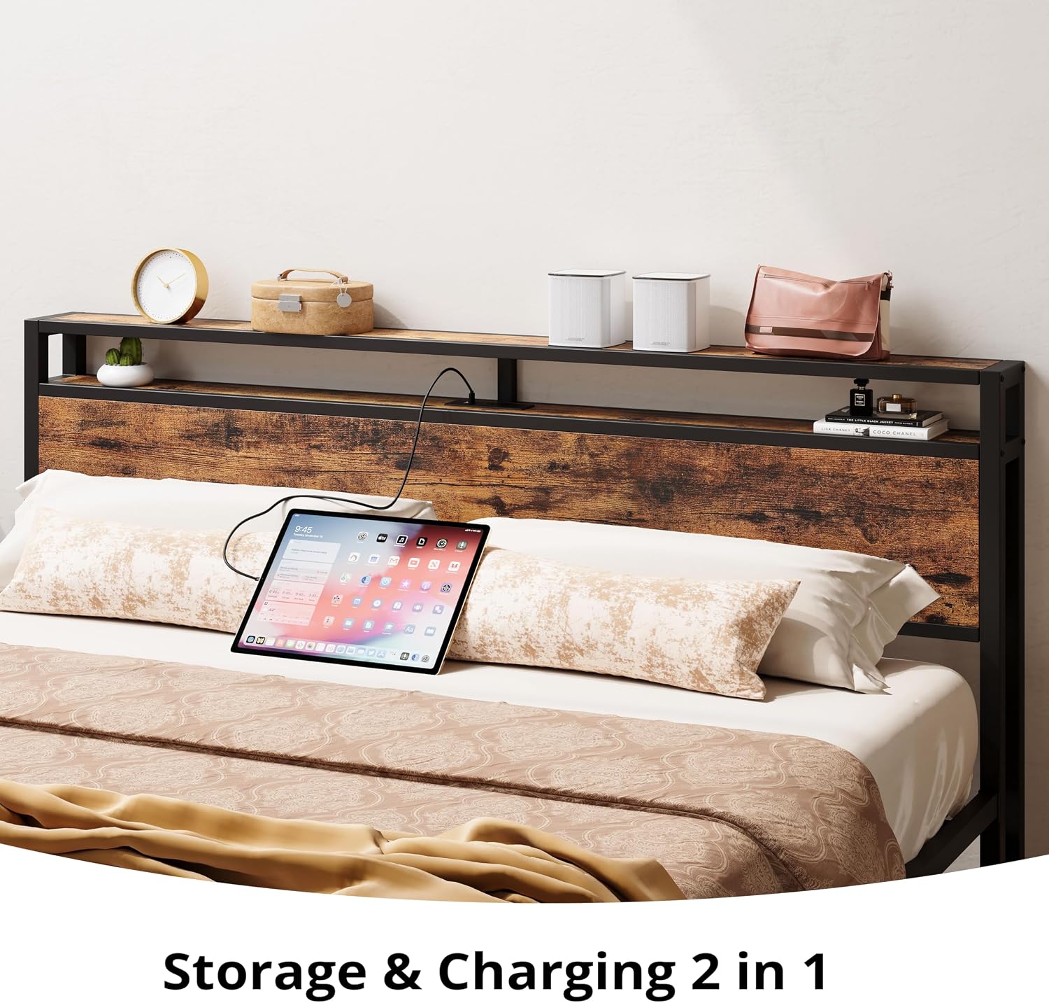 LIKIMIO California King Bed Frame with Storage Headboard, Platform Bed with Drawers and Charging Station, No Box Spring Needed, Easy Assembly, Vintage Brown