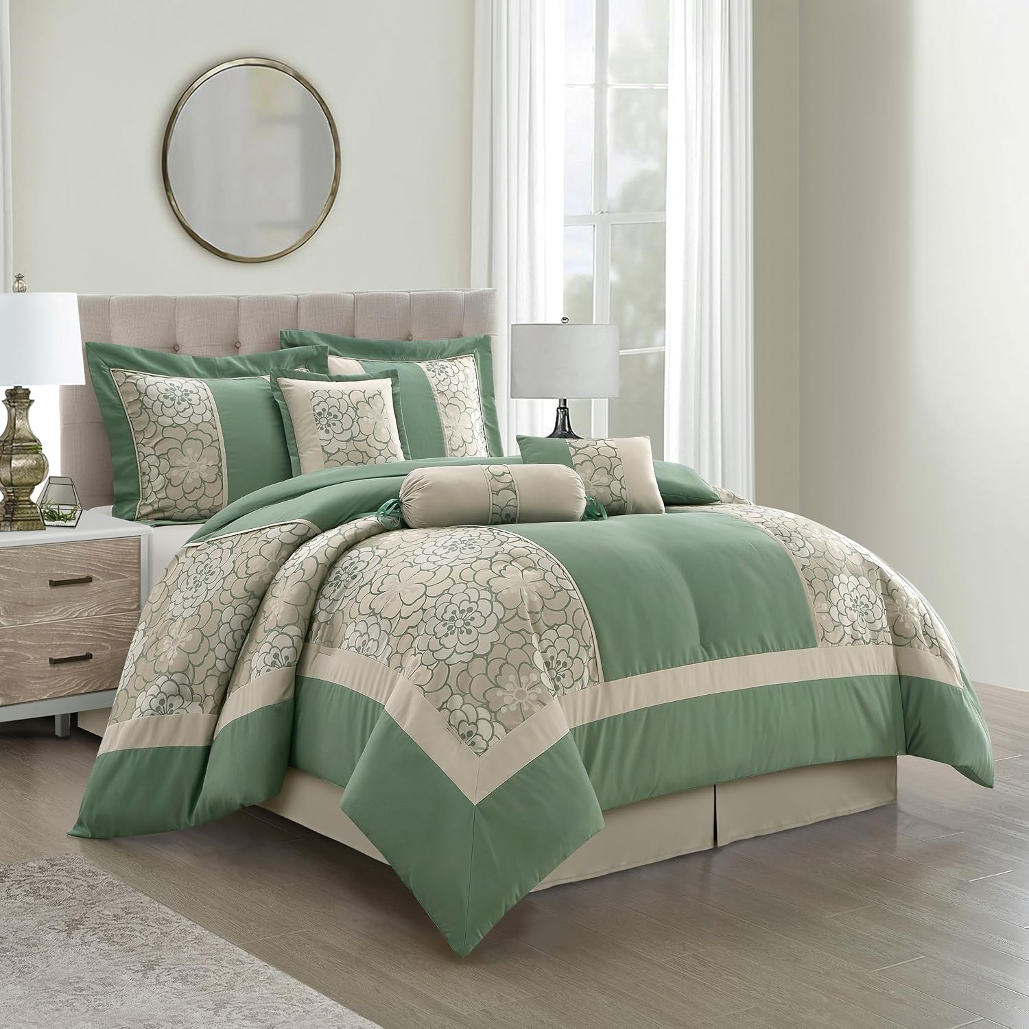 Stratford Park Green Comforter Set California King Size, 7 Piece Jacquard Soft Bedding Set, All Season, Bedskirt, Pillows & Shams