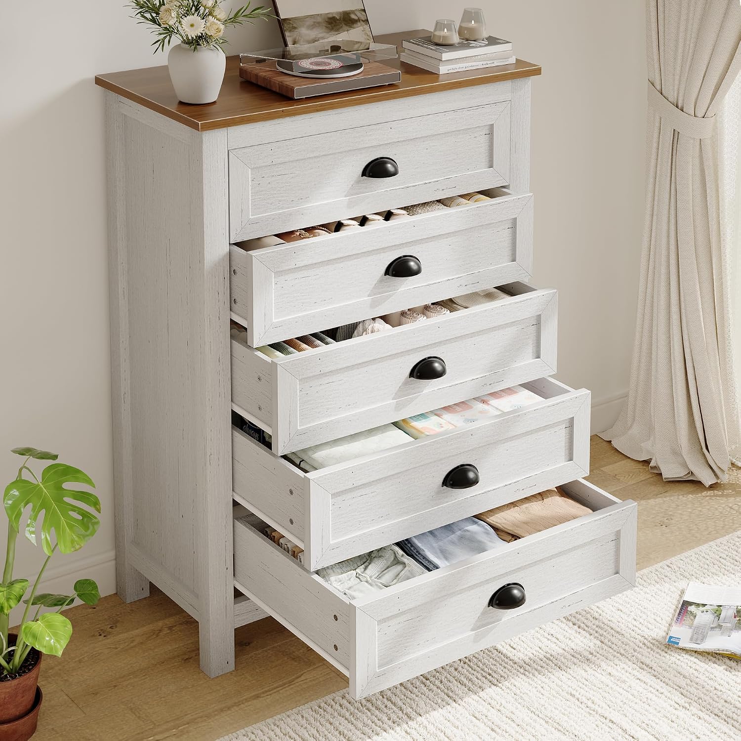 SINROM Farmhouse 2-Piece Bedroom Dresser Set, 6 Drawer Wide Dresser & 5 Drawer Tall Dressers, Distressed Wood Grain Finish with Shell Handles, Dressers Chest of Drawers for Bedroom