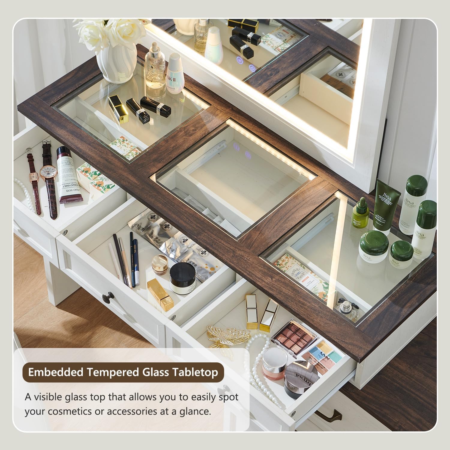 Aitjunz 69' W Big Vanity Desk with Glass Top, Farmhouse Makeup Table with 9 Large Storage Drawers, Rustic Wood Bedroom Dressing Table w/3 Color Available Light & 30' HD Led Mirror, Antique White