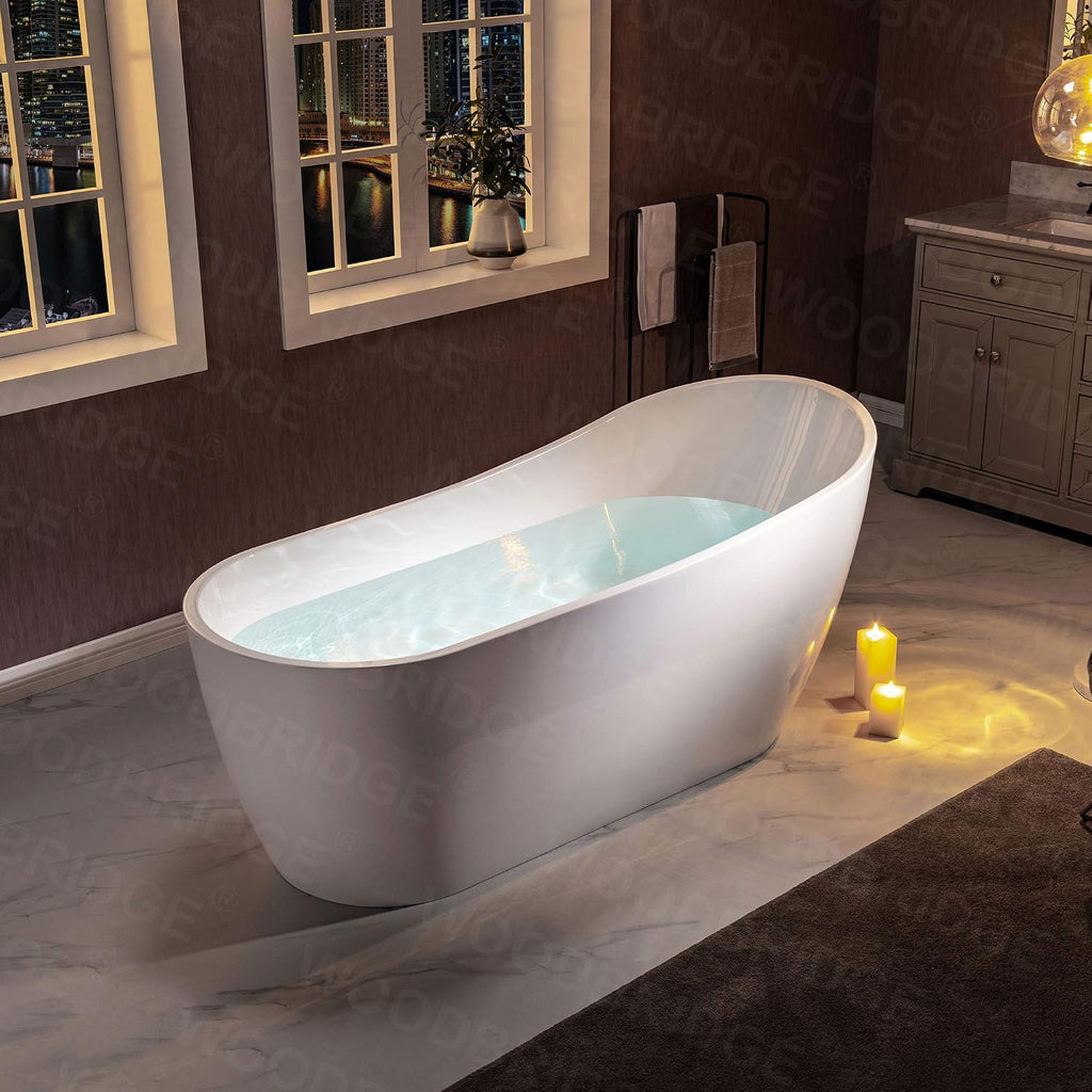 WOODBRIDGE 67' Acrylic Freestanding Bathtub Contemporary Soaking White Tub with Matte Black Overflow and Drain，B0001 -MB-Drain &O
